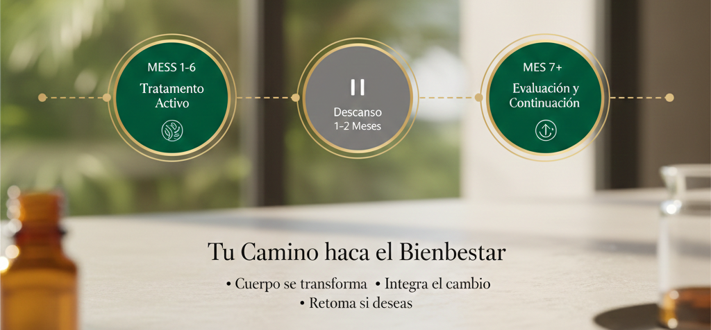Infografía de la línea de tiempo del tratamiento Plante: Diseño elegante con tonos verdes y dorados.