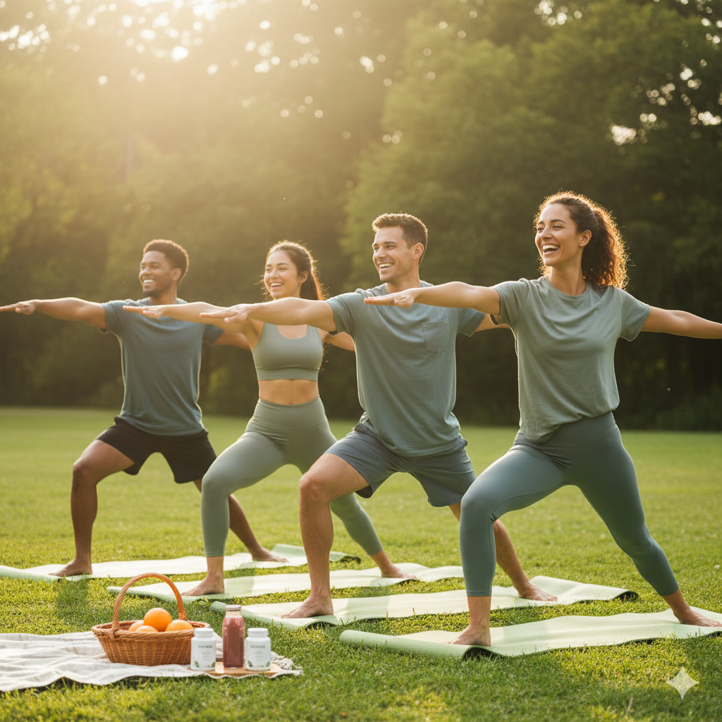 hombres y mujeres haciendo yoga con plante